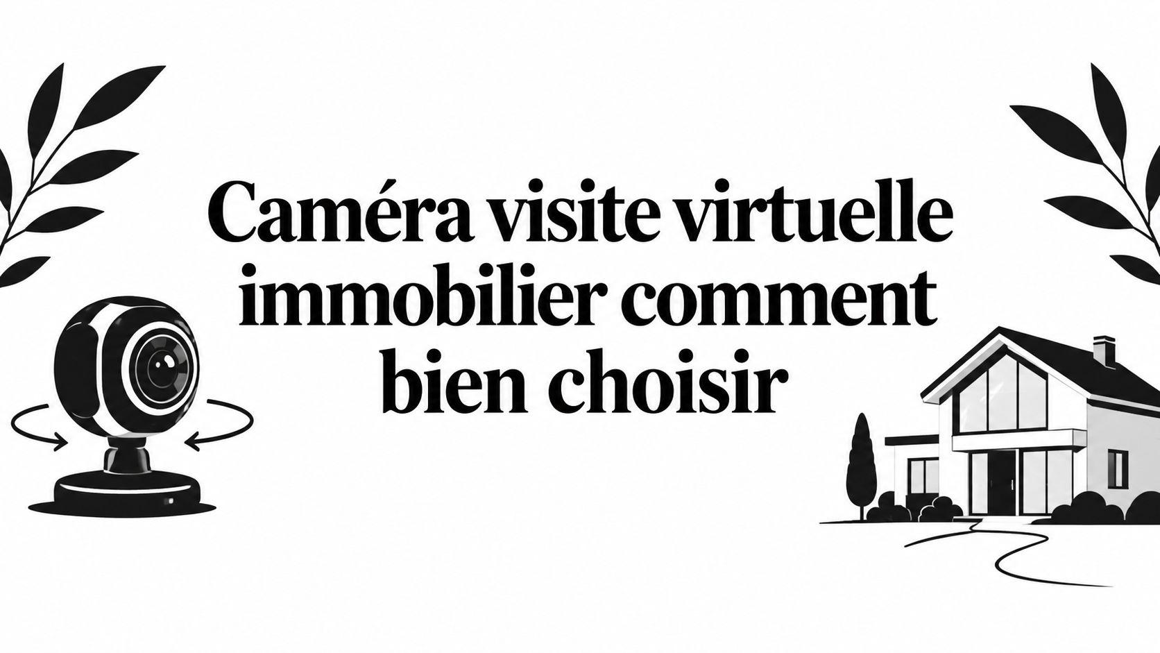 Illustration noir et blanc : caméra 360°, maison et plantes.