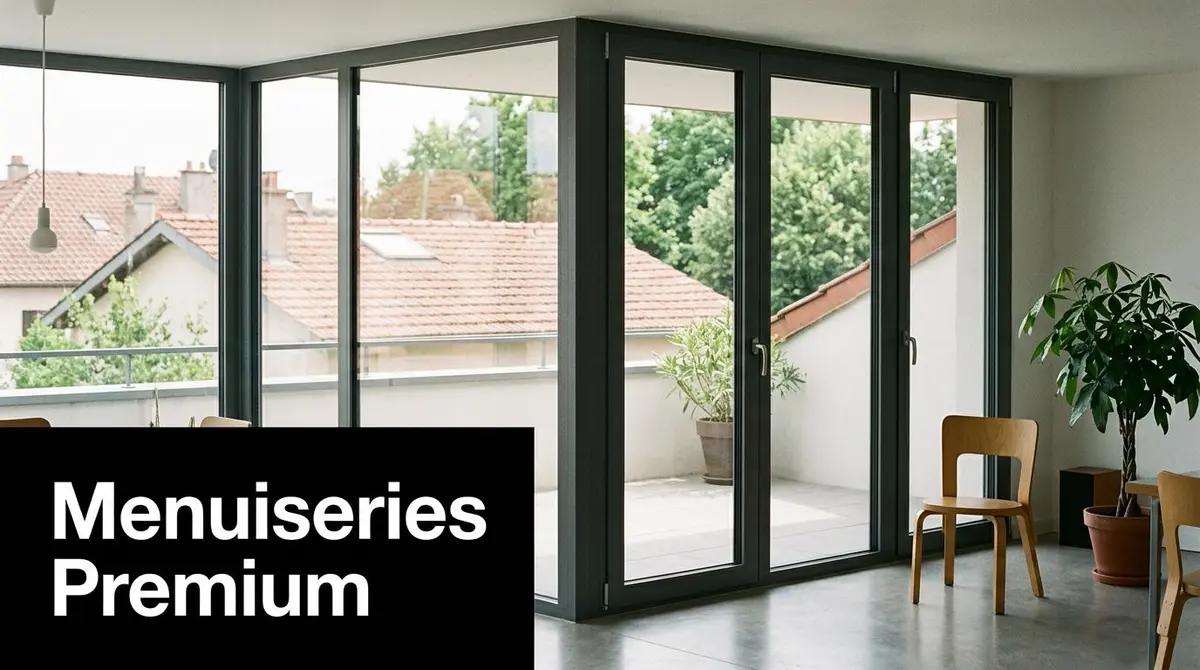 Grandes fenêtres coulissantes modernes en aluminium noir ouvrant sur une terrasse avec une vue sur les maisons