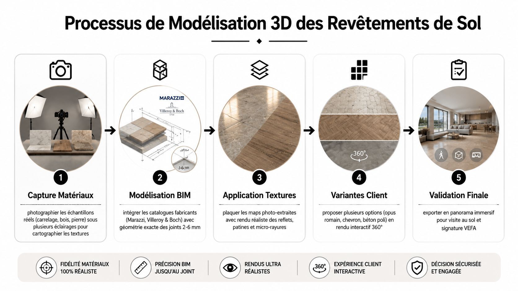 Infographie montrant le processus en cinq étapes de la modélisation 3D professionnelle des revêtements de sol architecturaux.