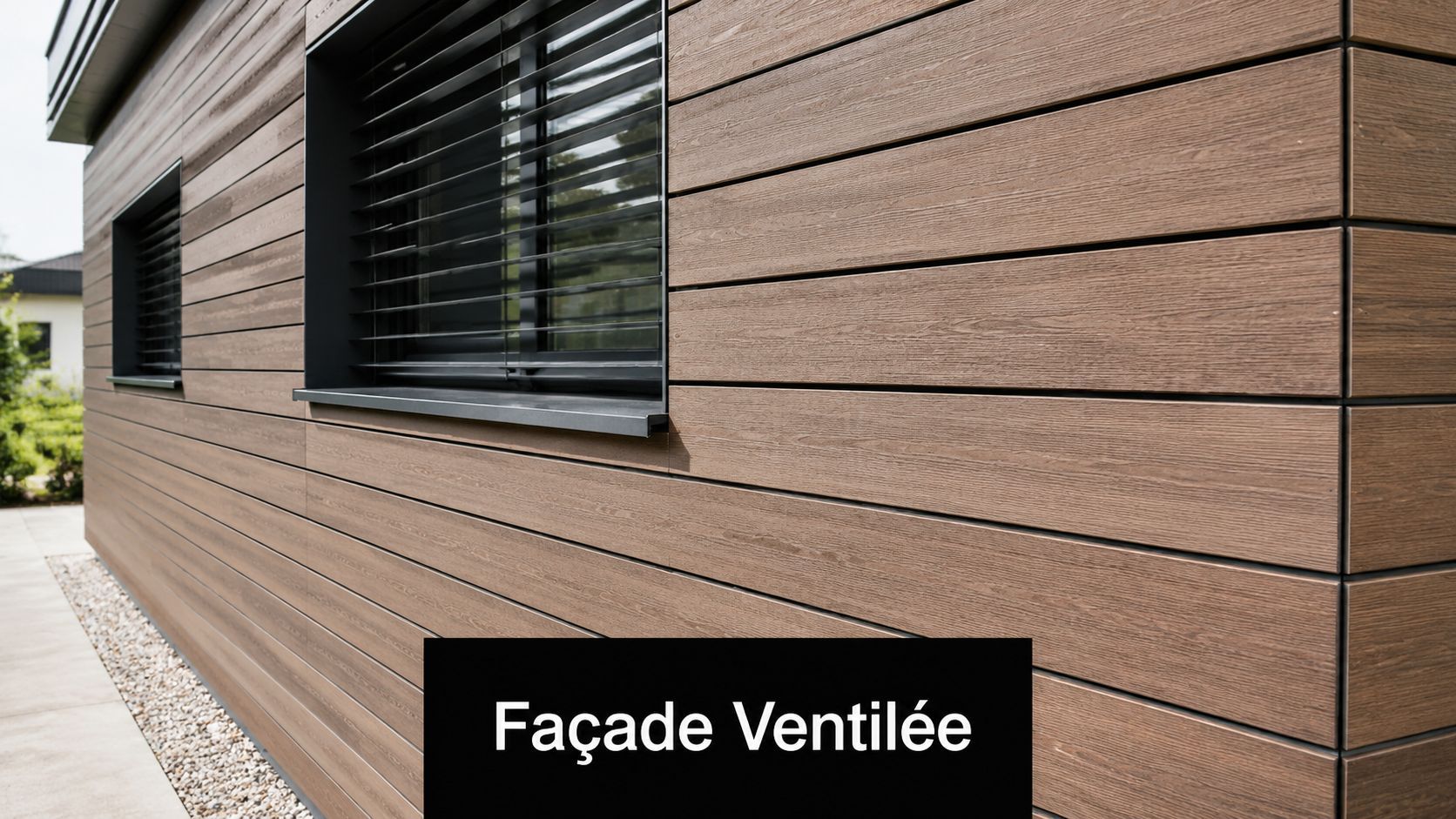 Façade ventilée moderne avec un bardage en bois composite sur les murs extérieurs d'une maison contemporaine.