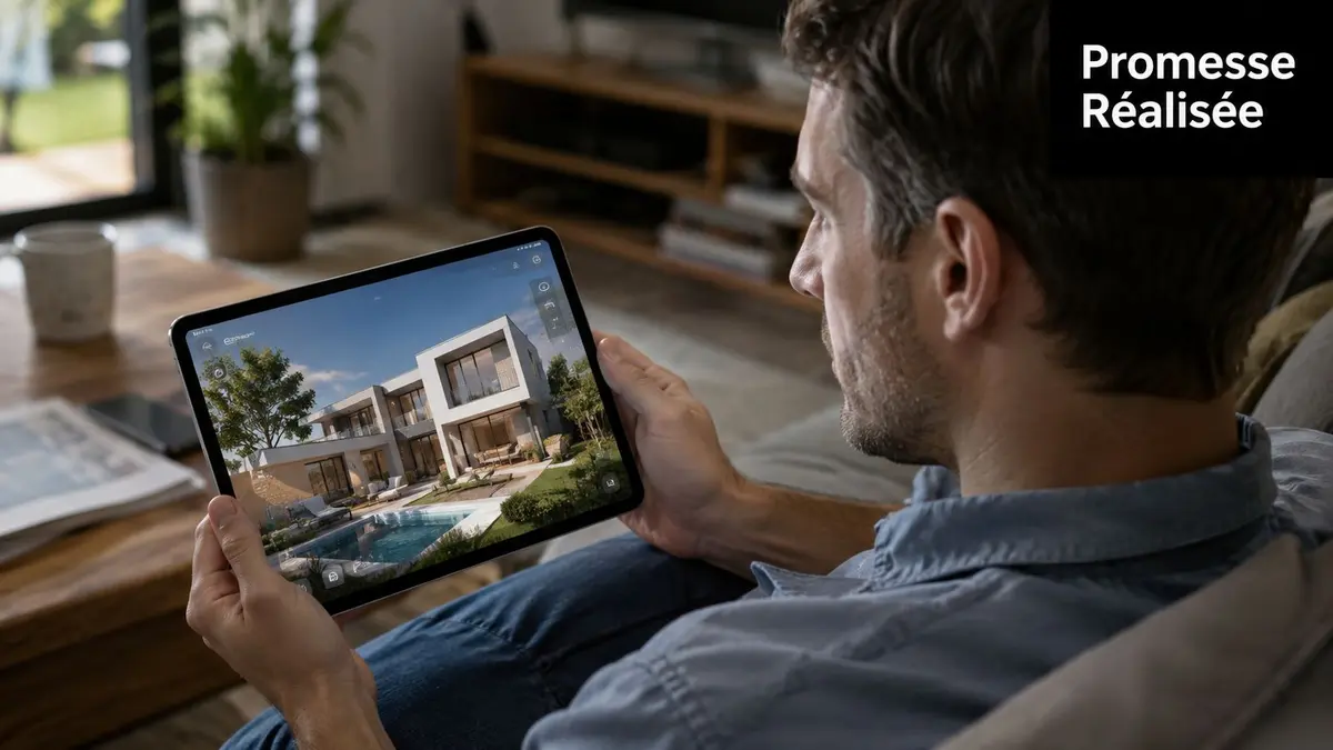 Un homme regarde une maquette d'architecture 3D d'une villa moderne sur sa tablette numérique dans son salon.