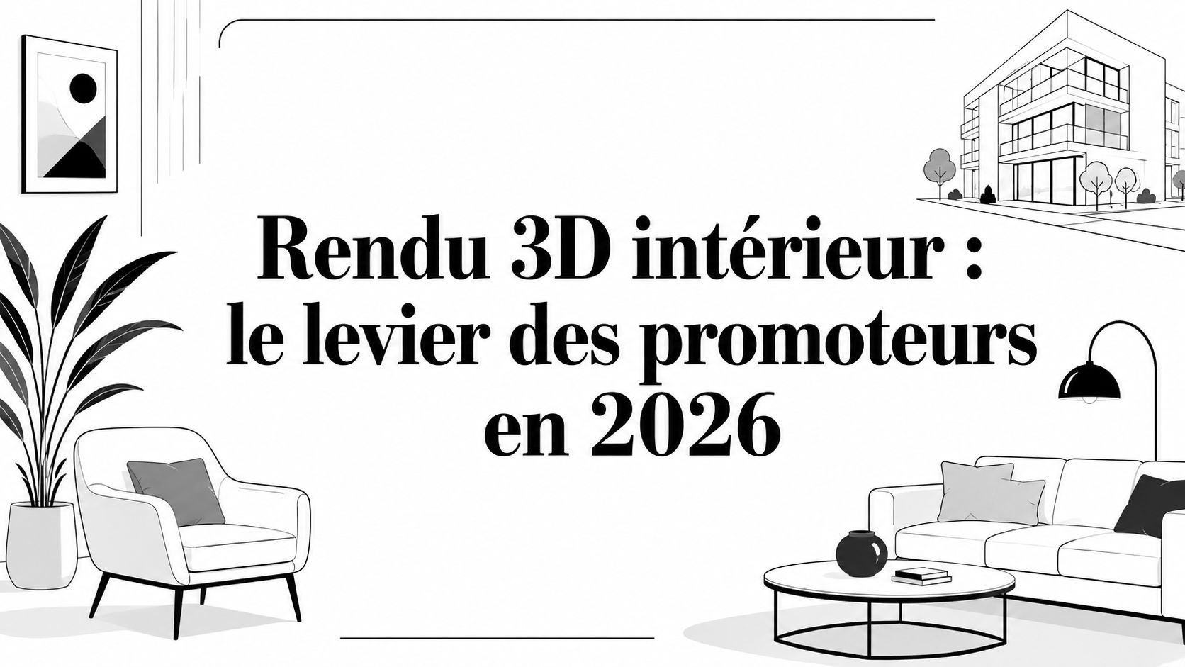 Illustration noir et blanc : salon avec canapé, fauteuil, table basse, plante et tableau, immeuble en fond.
