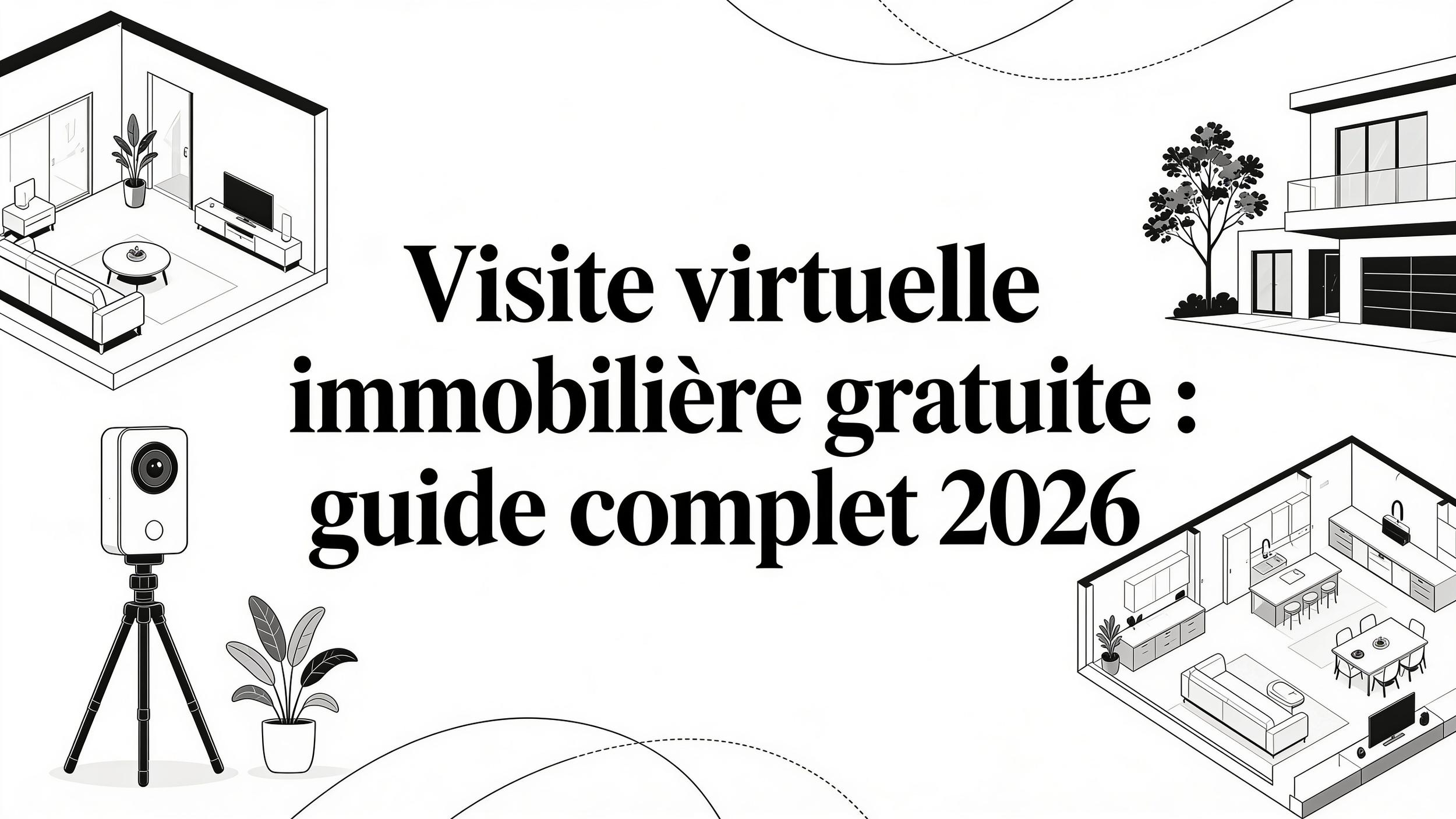 Illustration noir et blanc : intérieur de maison, caméra 360° sur trépied, plante et maison en extérieur.