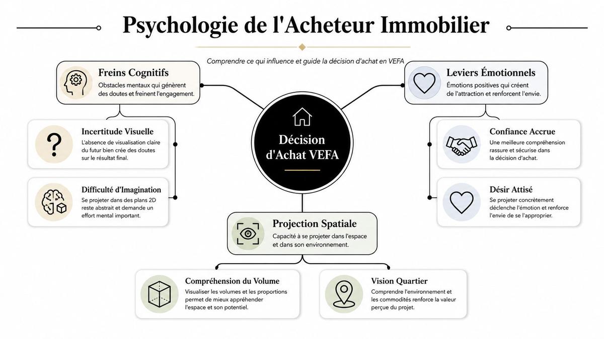 Schéma explicatif illustrant la psychologie de l'acheteur immobilier dans le processus de décision d'achat en VEFA.