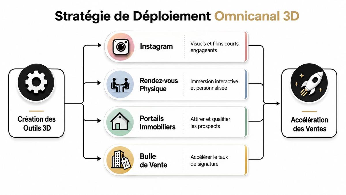 Schéma de stratégie de déploiement omnicanal 3D pour l'immobilier, détaillant les outils marketing pour booster les ventes.