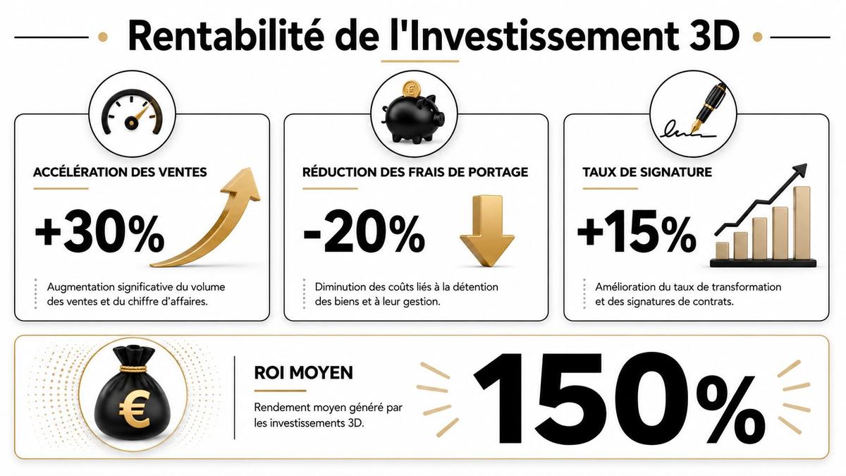 Infographie présentant la rentabilité de l'investissement 3D avec des statistiques sur les ventes, les frais et le ROI.