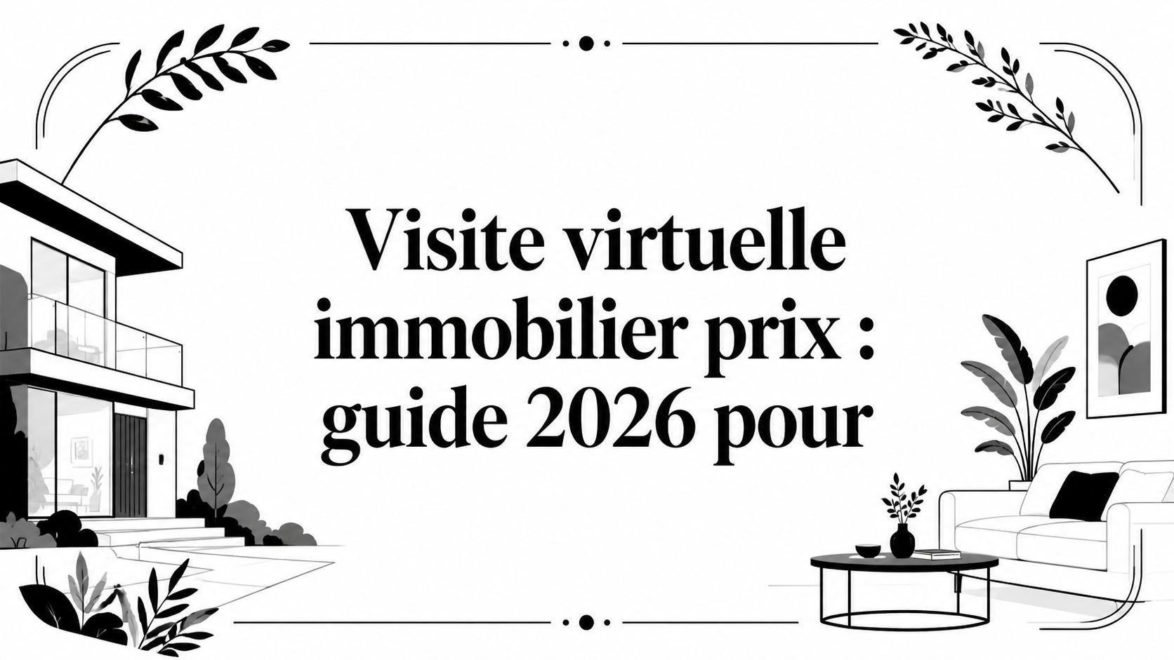 Illustration noir et blanc : maison, salon intérieur, branches et motif de cercles pointillés.