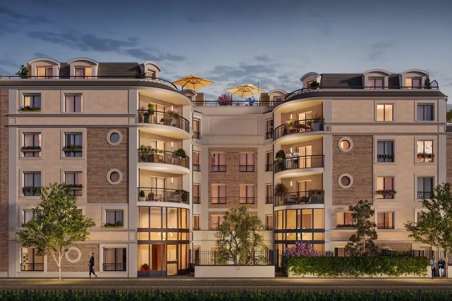 3D exterior rendering of a new residential building at dusk, with curved balconies, mansard roofs and lit facades
