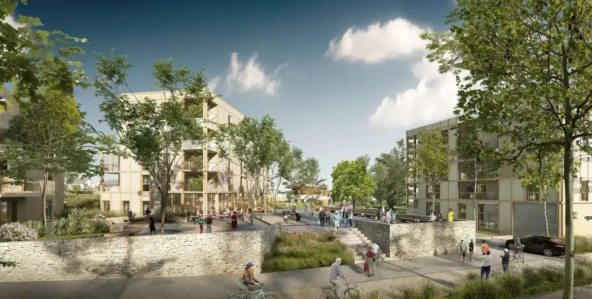 3D exterior rendering of two residential buildings around a landscaped square with stone walls, trees, pedestrians and cyclists