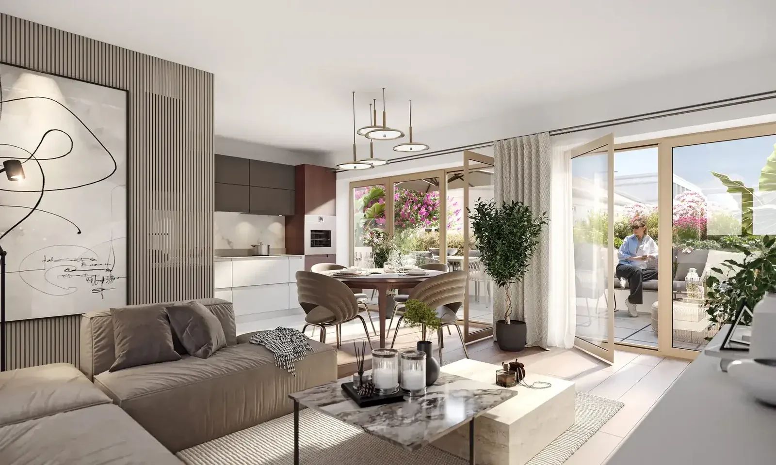3D interior rendering of a furnished living room with an open kitchen, dining area and glazed doors opening onto a planted terrace