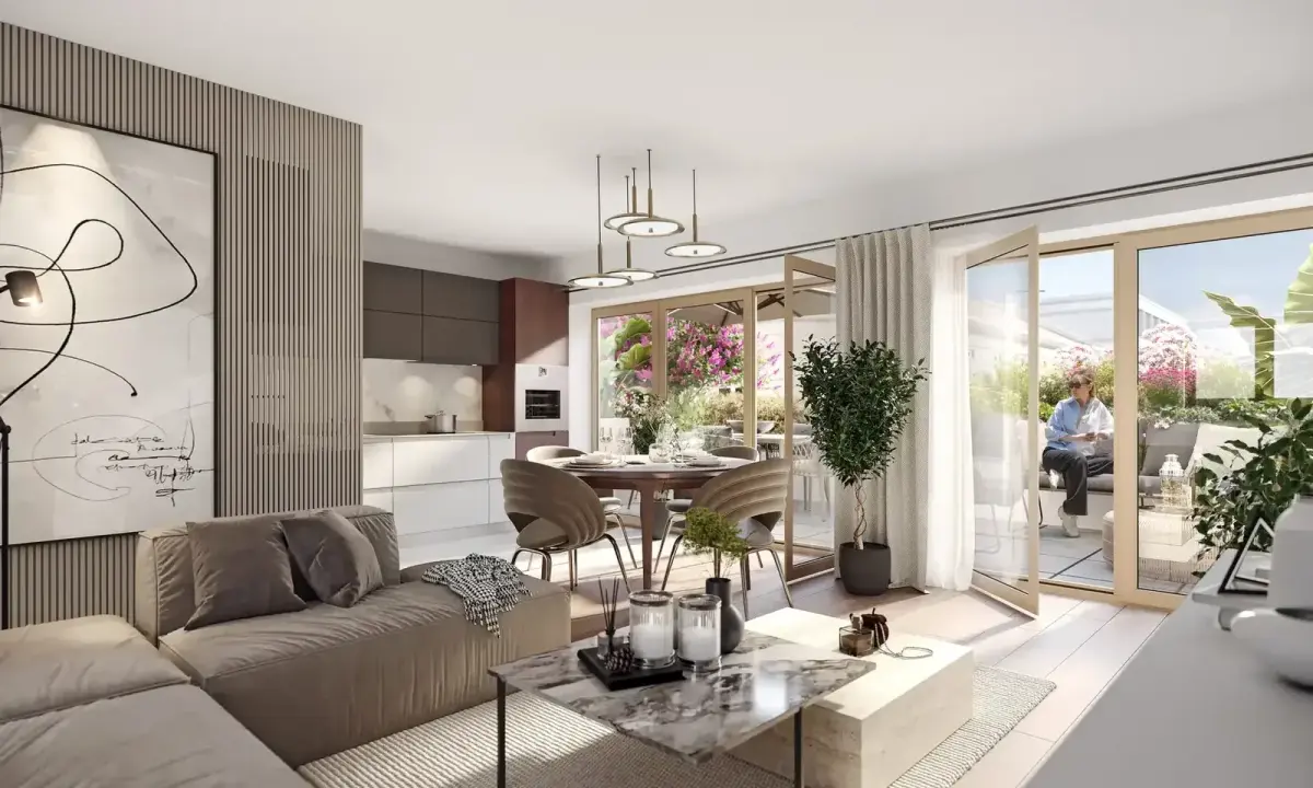 3D interior rendering of a furnished living room with an open kitchen, dining area and glazed doors opening onto a planted terrace