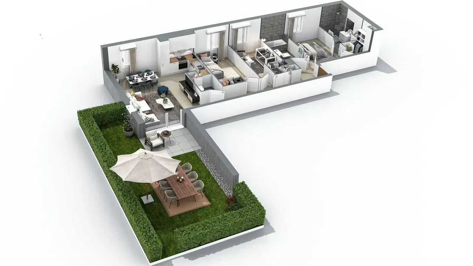 Furnished 3D floor plan of an L-shaped three-bedroom garden-level apartment with living room, kitchen and private garden